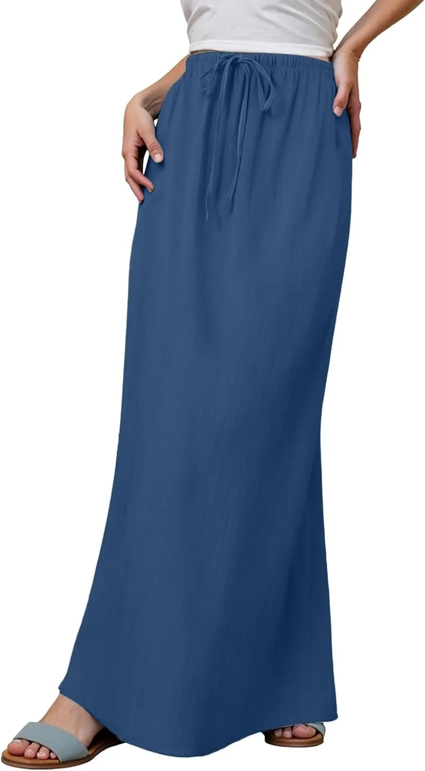 Rvidbe Summer Skirts for Women 2025 Vacation Comfortable Drawstring Waist Vacation Boho Flowy Skirts Solid Color Beach Skirts