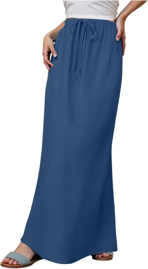 Rvidbe Summer Skirts for Women 2025 Vacation Comfortable Drawstring Waist Vacation Boho Flowy Skirts Solid Color Beach Skirts