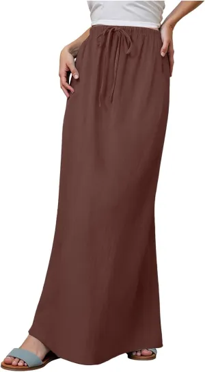 Rvidbe Summer Skirts for Women 2025 Vacation Comfortable Drawstring Waist Vacation Boho Flowy Skirts Solid Color Beach Skirts