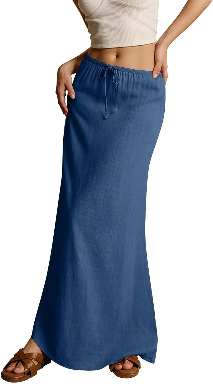 Rvidbe Summer Skirts for Women 2025 Vacation Comfortable Drawstring Waist Vacation Boho Flowy Skirts Solid Color Beach Skirts