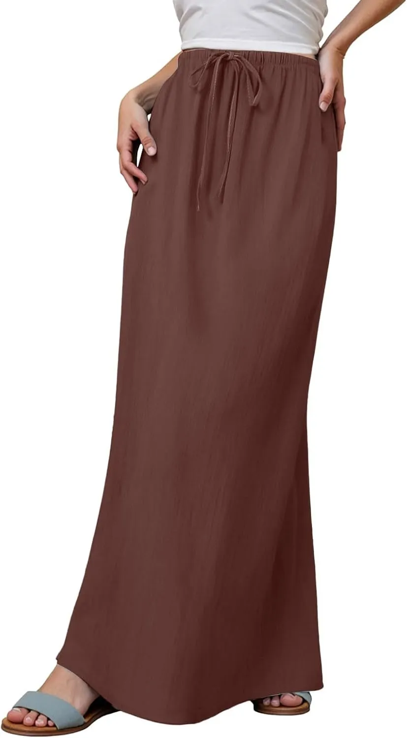 Rvidbe Summer Skirts for Women 2025 Vacation Comfortable Drawstring Waist Vacation Boho Flowy Skirts Solid Color Beach Skirts