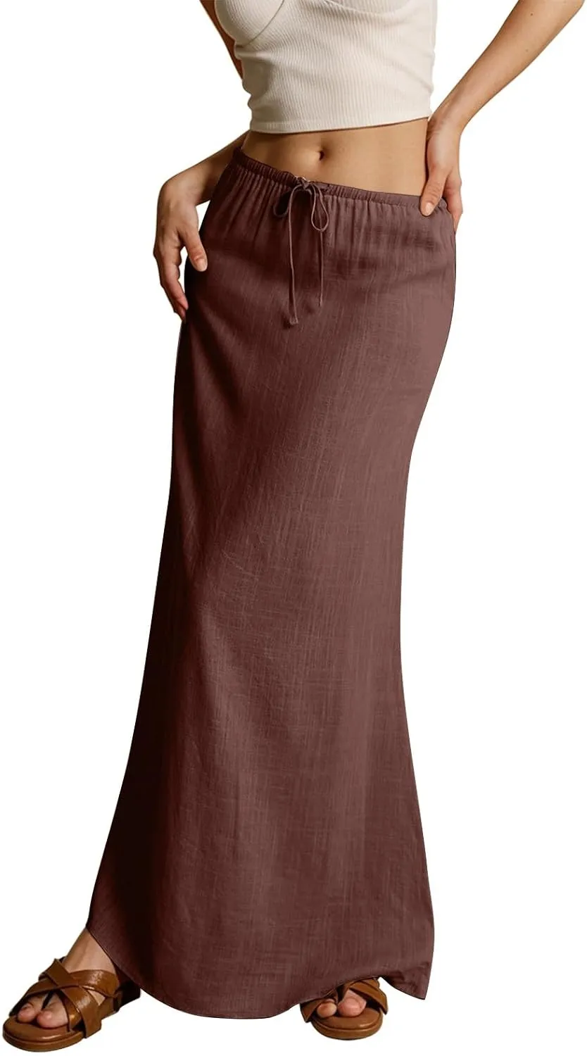 Rvidbe Summer Skirts for Women 2025 Vacation Comfortable Drawstring Waist Vacation Boho Flowy Skirts Solid Color Beach Skirts