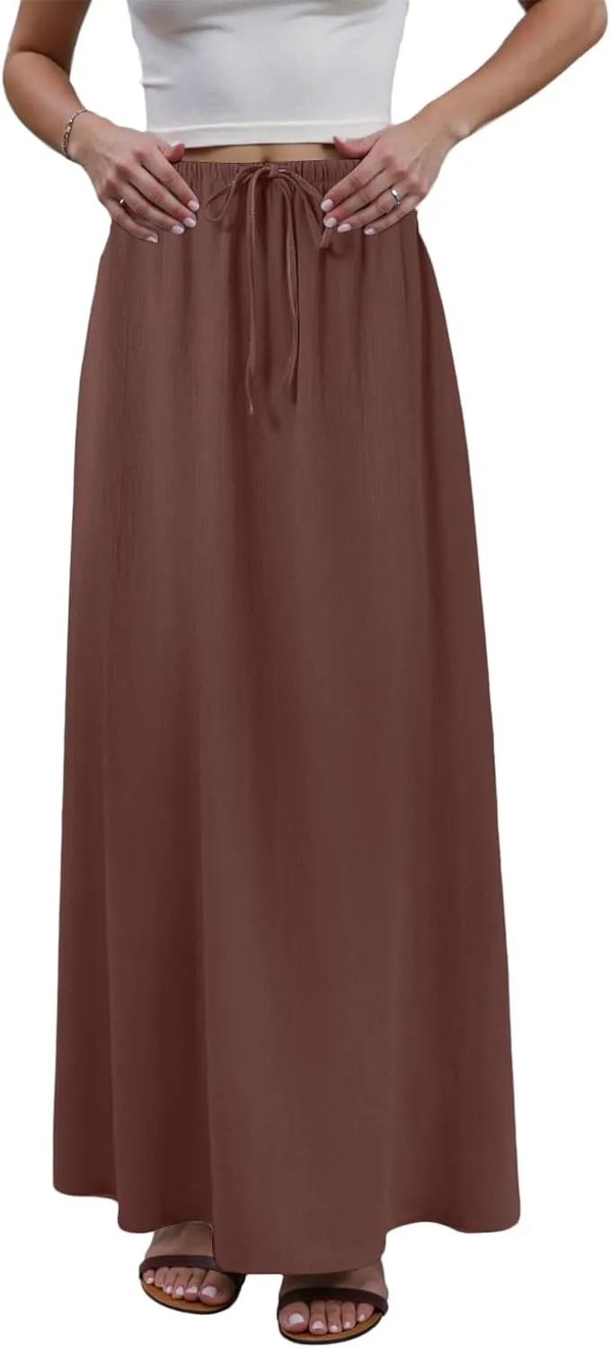 Rvidbe Summer Skirts for Women 2025 Vacation Comfortable Drawstring Waist Vacation Boho Flowy Skirts Solid Color Beach Skirts