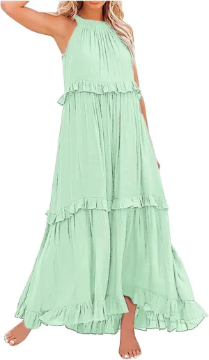 Rvidbe Women Summer Casual Sleeveless Smocked Tank Dress Vacation Beach Halter Tie Back Flowy Ruffle Tiered Maxi Dresses