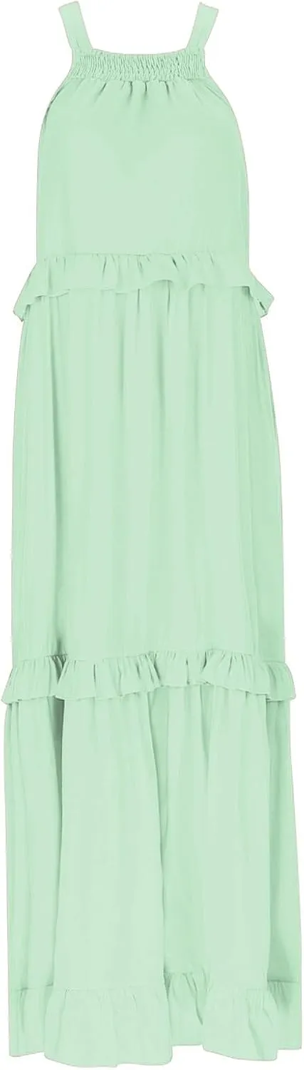 Rvidbe Women Summer Casual Sleeveless Smocked Tank Dress Vacation Beach Halter Tie Back Flowy Ruffle Tiered Maxi Dresses