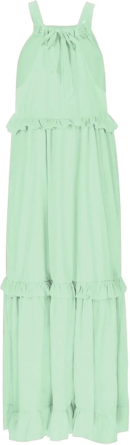 Rvidbe Women Summer Casual Sleeveless Smocked Tank Dress Vacation Beach Halter Tie Back Flowy Ruffle Tiered Maxi Dresses