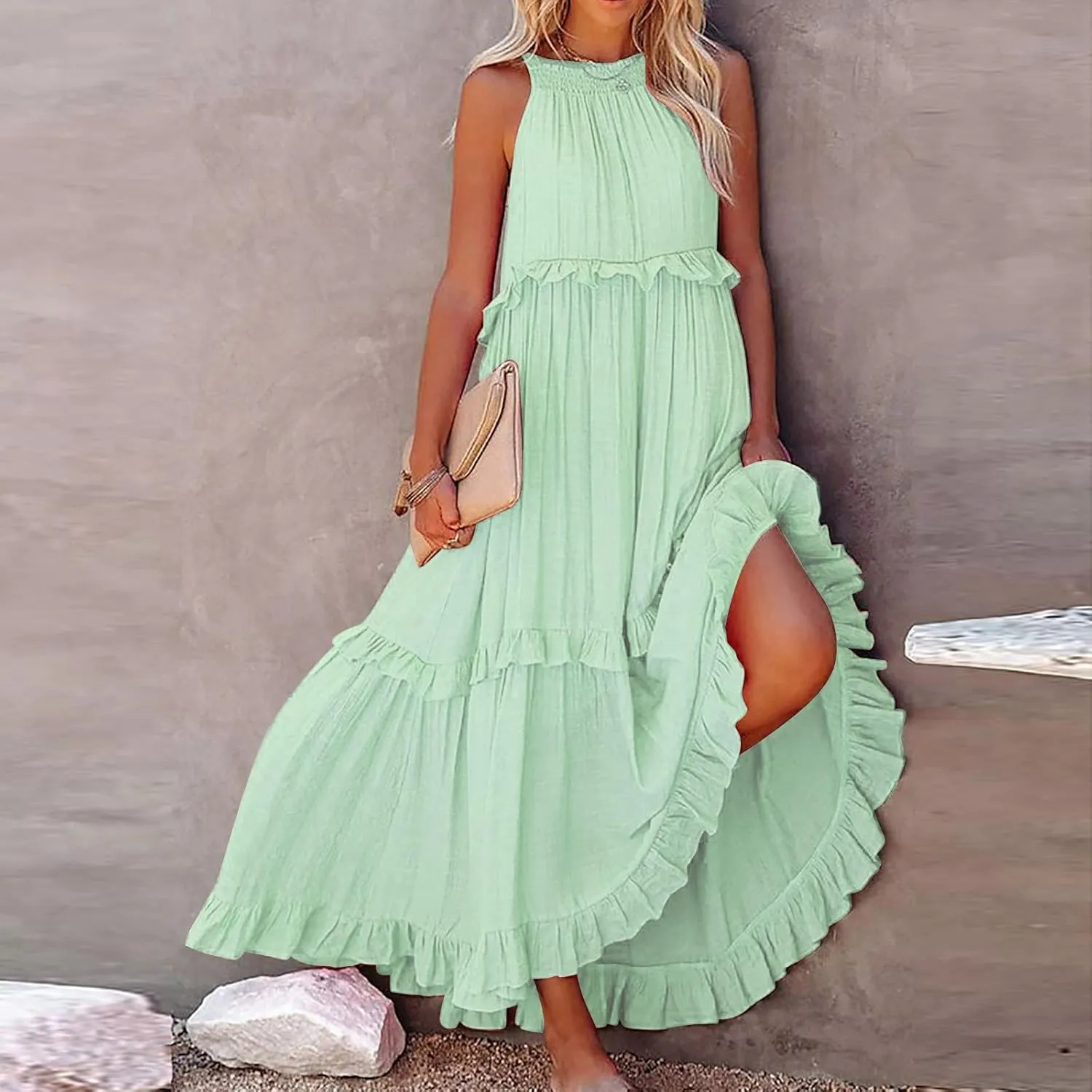 Rvidbe Women Summer Casual Sleeveless Smocked Tank Dress Vacation Beach Halter Tie Back Flowy Ruffle Tiered Maxi Dresses