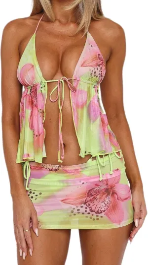 Sastianaen Women Two Piece Mini Skirt Set Y2k Sheer Mesh Crop Top Tiered Ruffle Short Skirt Going Out Matching Outfits