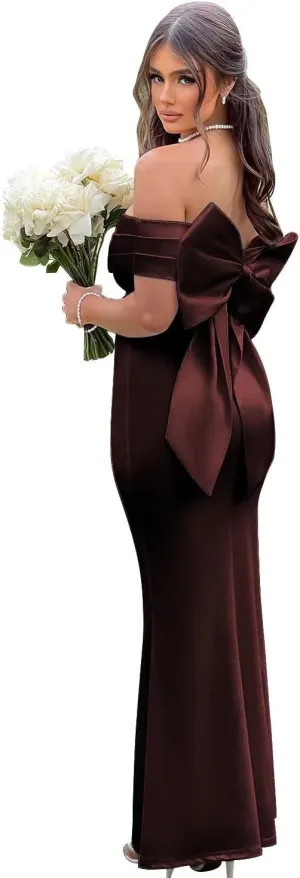 Satin Mermaid Bridesmaid Dresses with Bow Off The Shoulder Prom Dresses Maxi Long Formal Evening Dresses AU110
