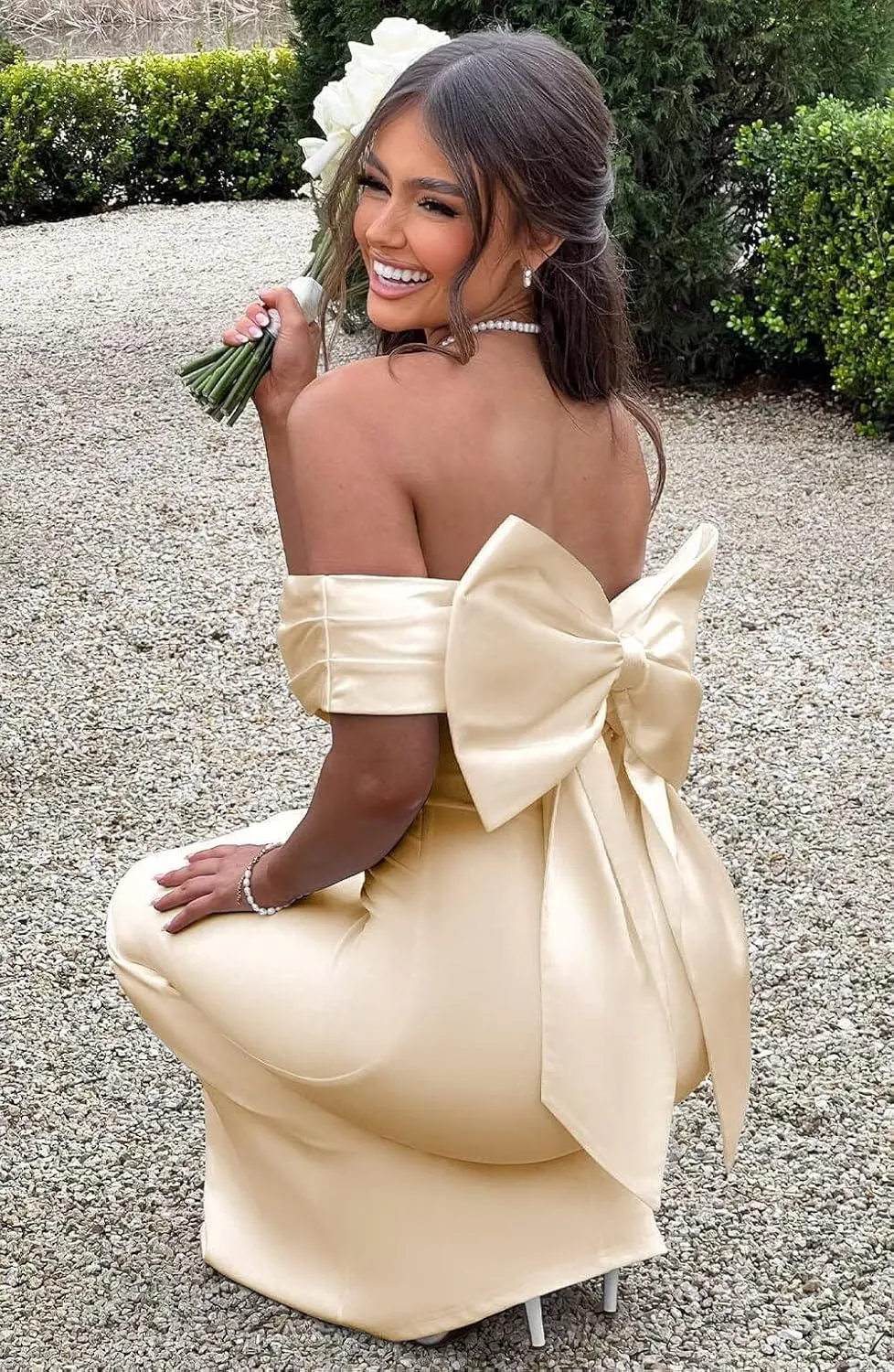 Satin Mermaid Bridesmaid Dresses with Bow Off The Shoulder Prom Dresses Maxi Long Formal Evening Dresses AU110