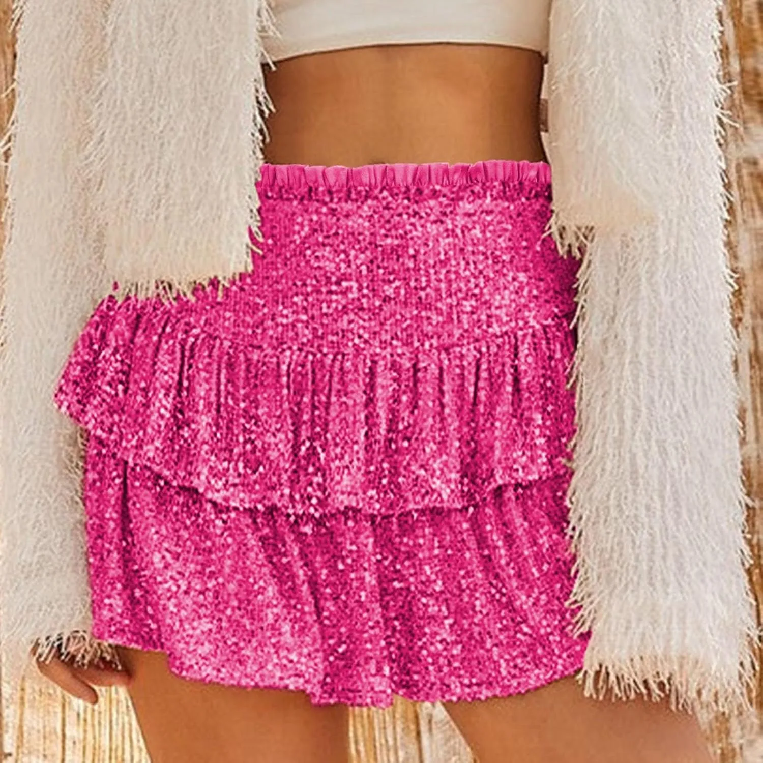Sequin Skirt Women Glitter Mini Skirts Sparkle Short Skirt High Waist Ruffle Skirts Shiny Flowy Skirt Pleated Skirts