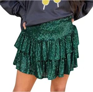 Sequin Skirt Women Glitter Mini Skirts Sparkle Short Skirt High Waist Ruffle Skirts Shiny Flowy Skirt Pleated Skirts