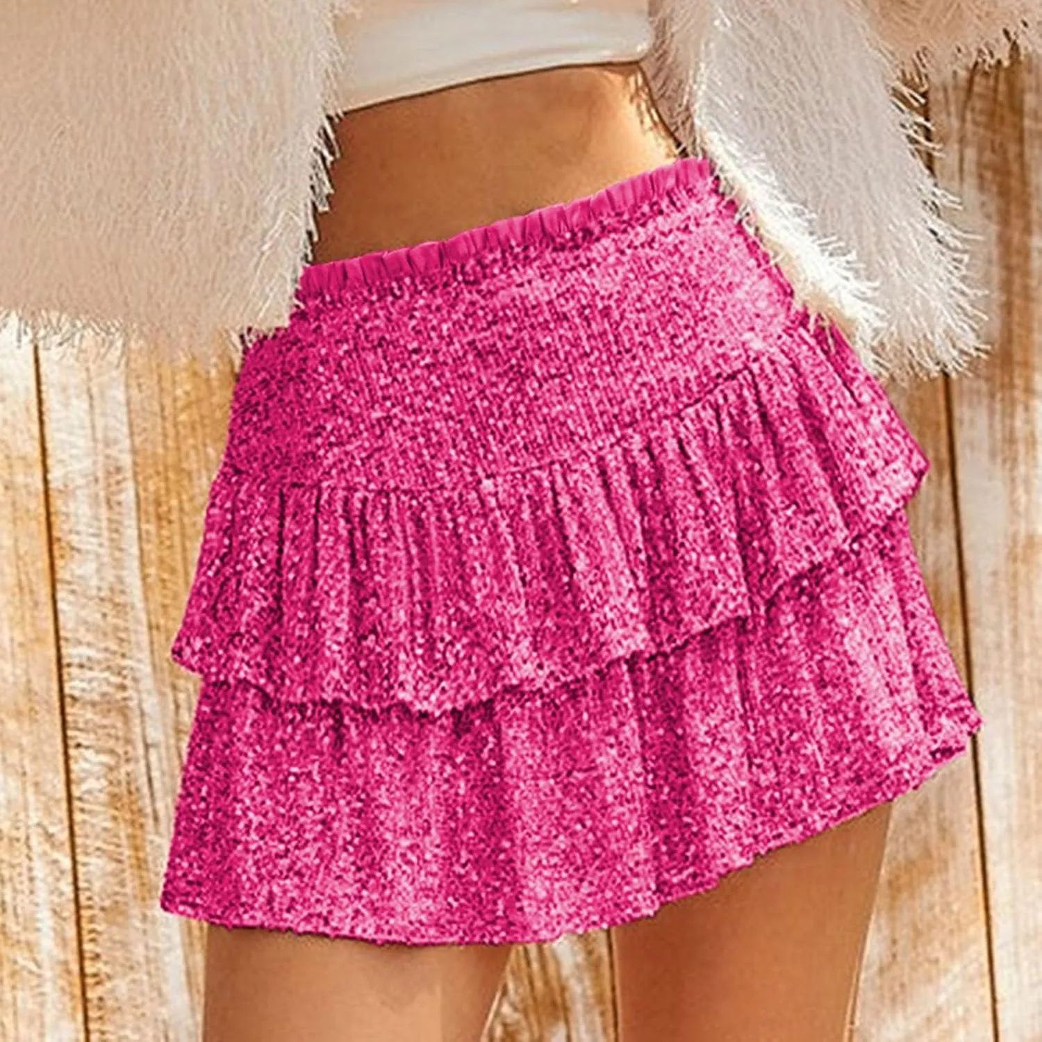 Sequin Skirt Women Glitter Mini Skirts Sparkle Short Skirt High Waist Ruffle Skirts Shiny Flowy Skirt Pleated Skirts