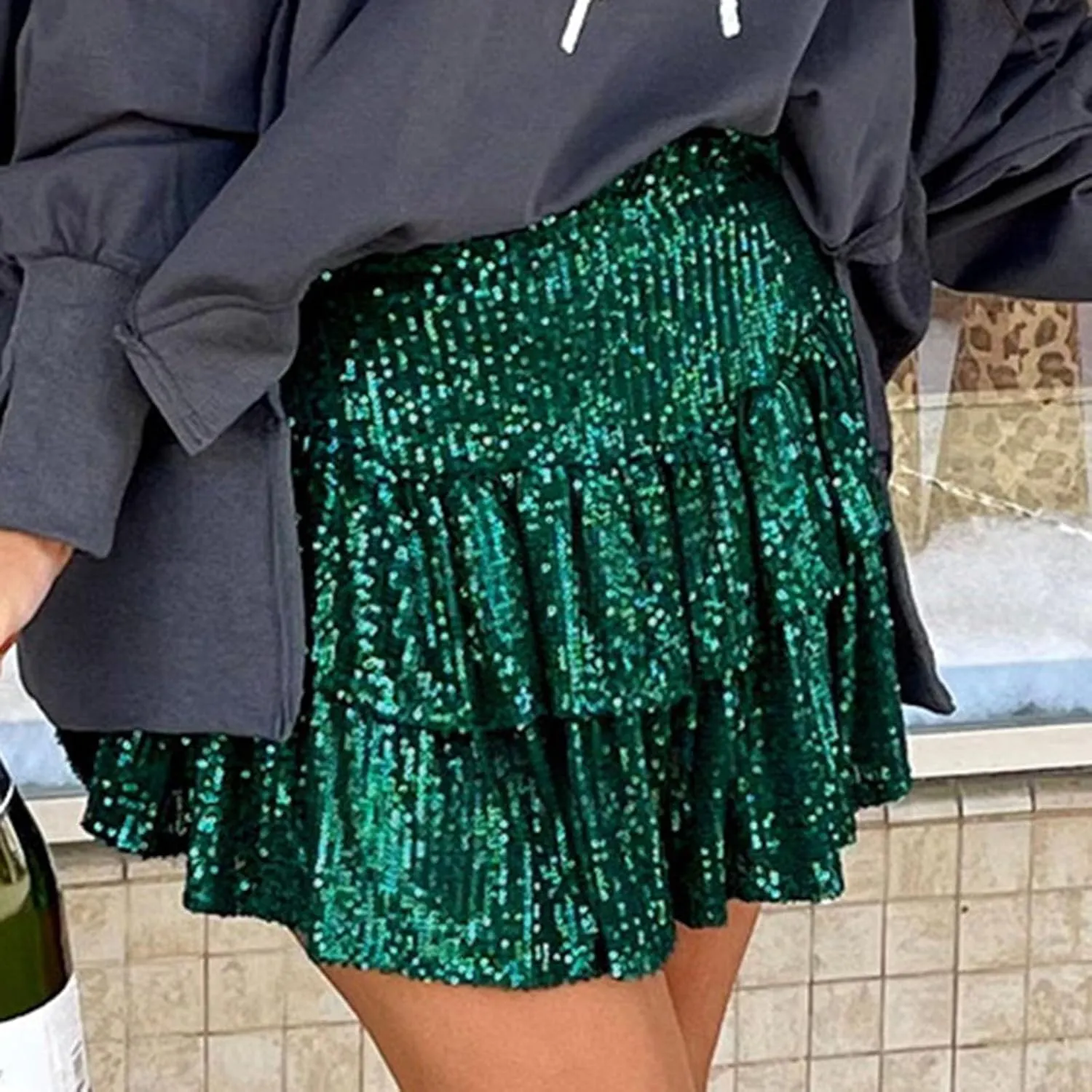 Sequin Skirt Women Glitter Mini Skirts Sparkle Short Skirt High Waist Ruffle Skirts Shiny Flowy Skirt Pleated Skirts