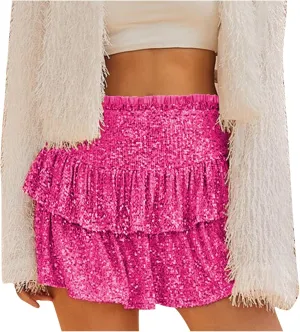 Sequin Skirt Women Glitter Mini Skirts Sparkle Short Skirt High Waist Ruffle Skirts Shiny Flowy Skirt Pleated Skirts