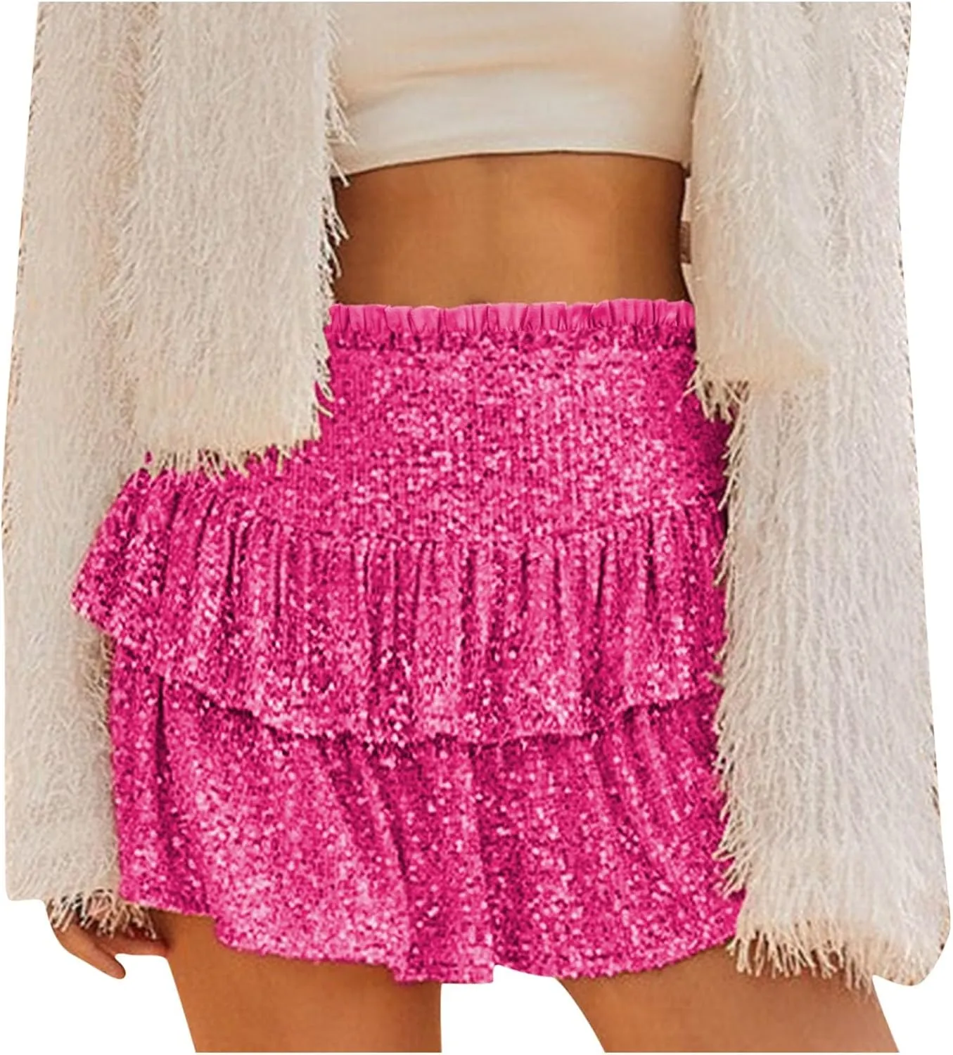 Sequin Skirt Women Glitter Mini Skirts Sparkle Short Skirt High Waist Ruffle Skirts Shiny Flowy Skirt Pleated Skirts