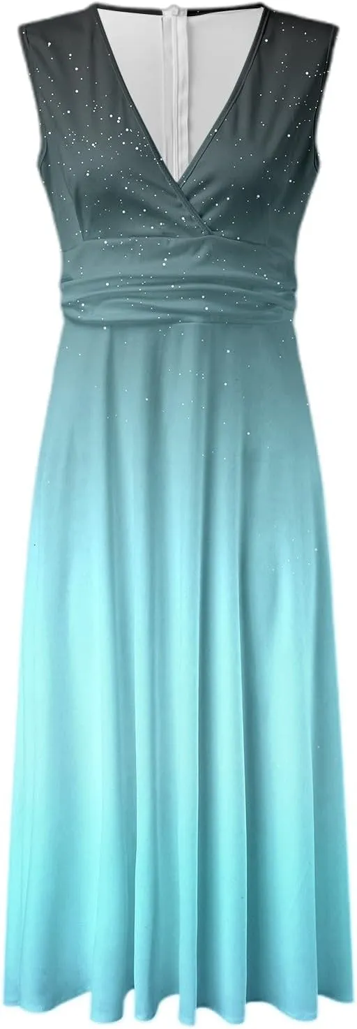 Sexy Dresses for Women Flowy Galaxy Deep V Neck Sleeveless Empire Waist Wedding Guest Dress Evening Party Sexy 80S Outfit