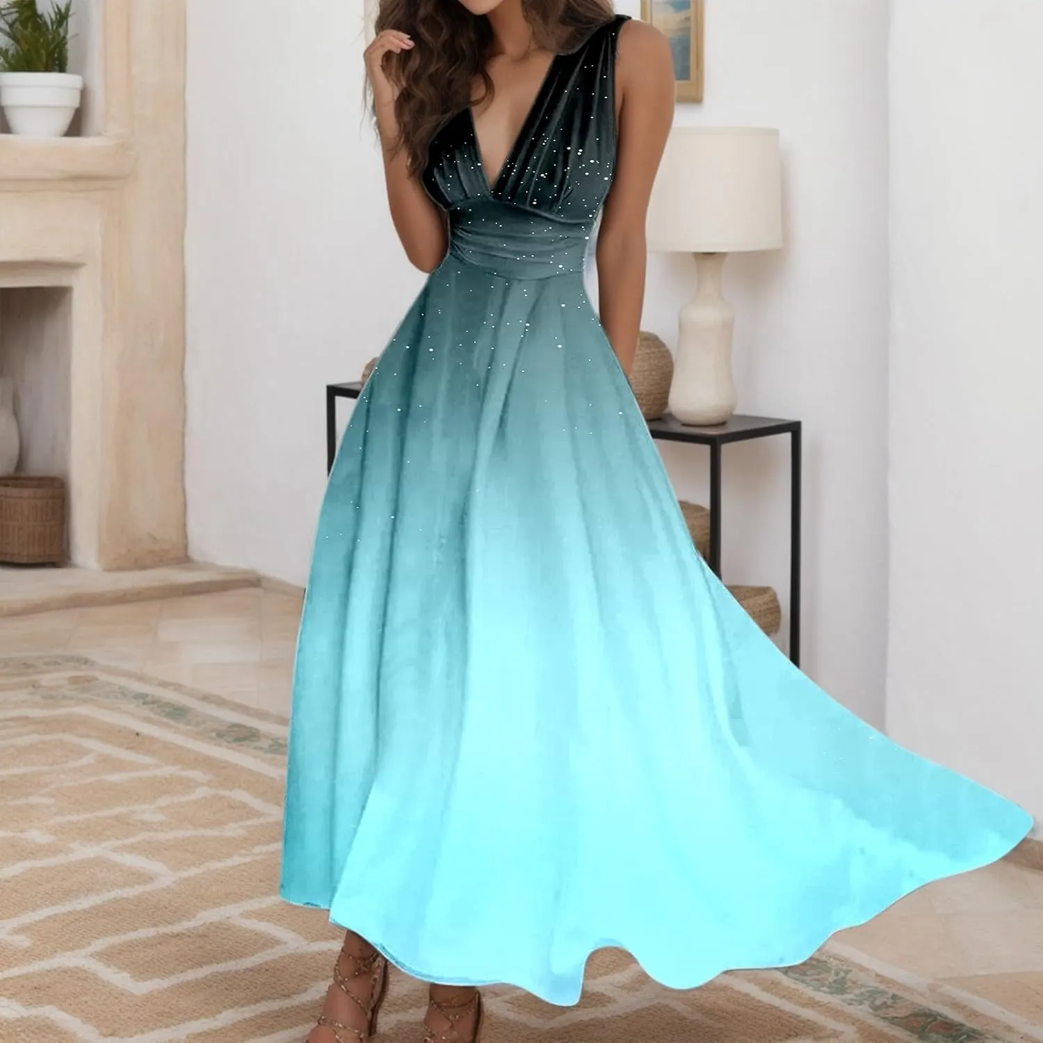 Sexy Dresses for Women Flowy Galaxy Deep V Neck Sleeveless Empire Waist Wedding Guest Dress Evening Party Sexy 80S Outfit