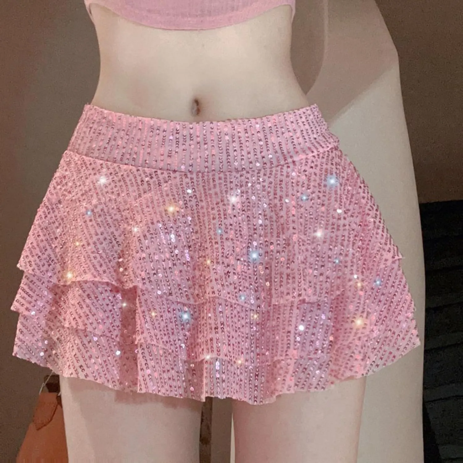 Sexy Sequins Mini Skirts for Women 3 Layered Ruffle Pleated Dance Party Mini Skirts Fashion Comfy Holiday Skirts