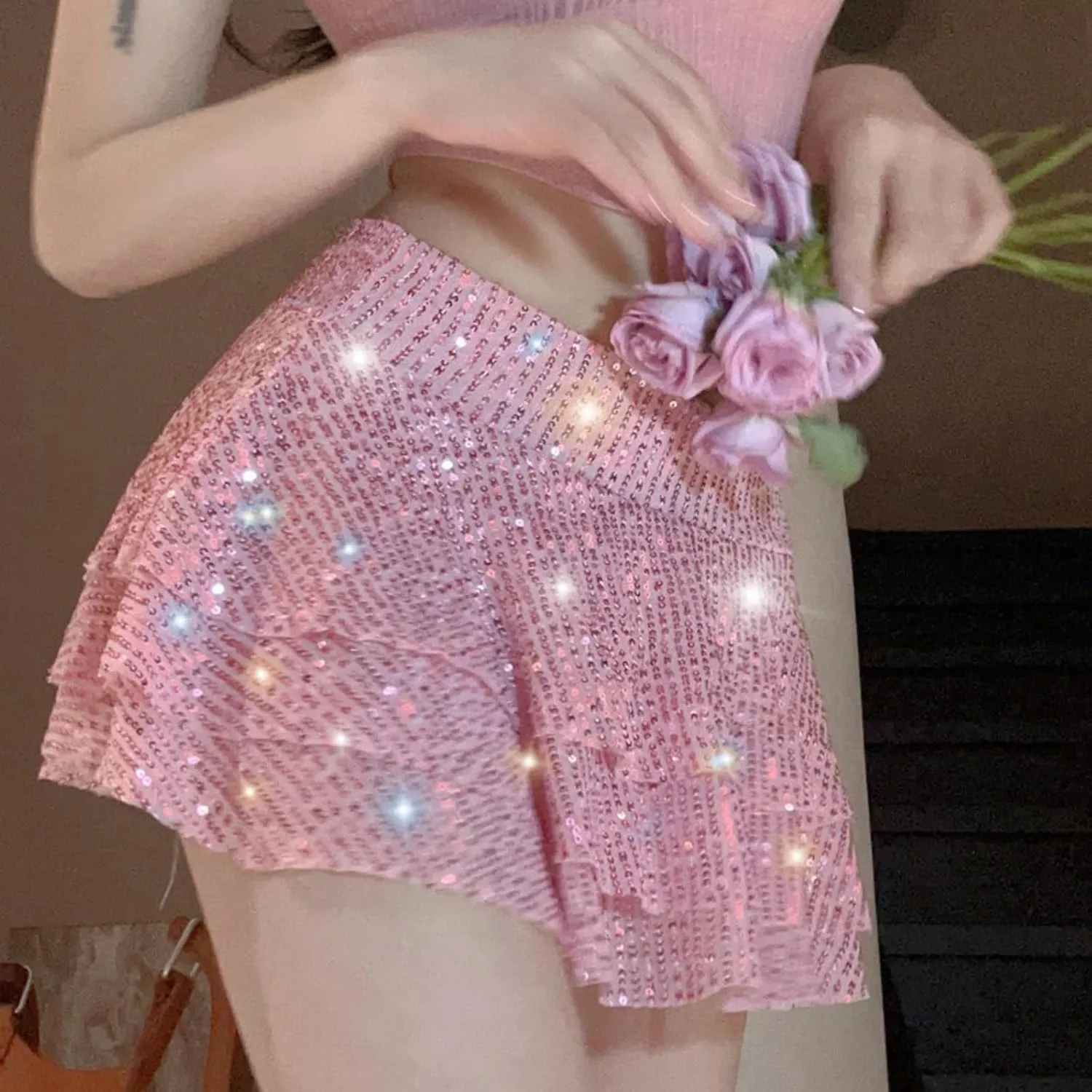 Sexy Sequins Mini Skirts for Women 3 Layered Ruffle Pleated Dance Party Mini Skirts Fashion Comfy Holiday Skirts