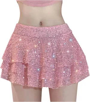 Sexy Sequins Mini Skirts for Women 3 Layered Ruffle Pleated Dance Party Mini Skirts Fashion Comfy Holiday Skirts