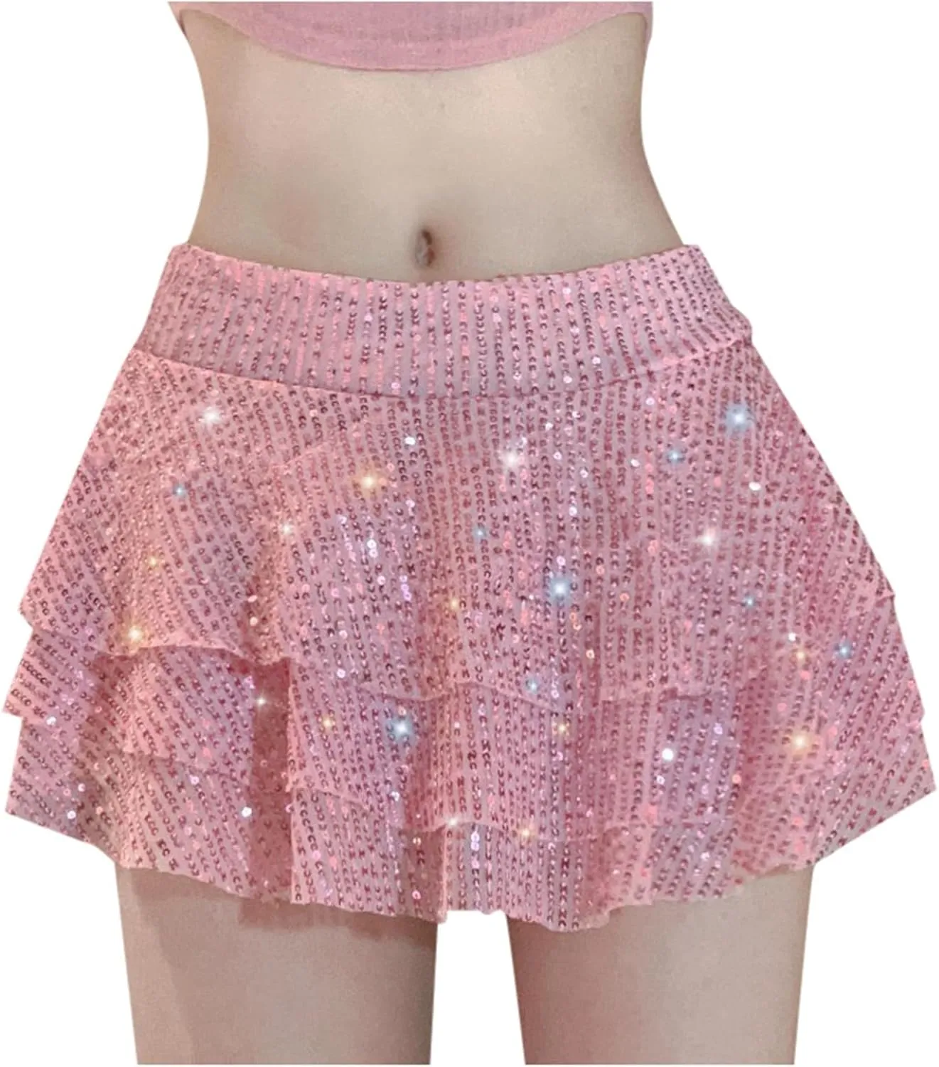 Sexy Sequins Mini Skirts for Women 3 Layered Ruffle Pleated Dance Party Mini Skirts Fashion Comfy Holiday Skirts