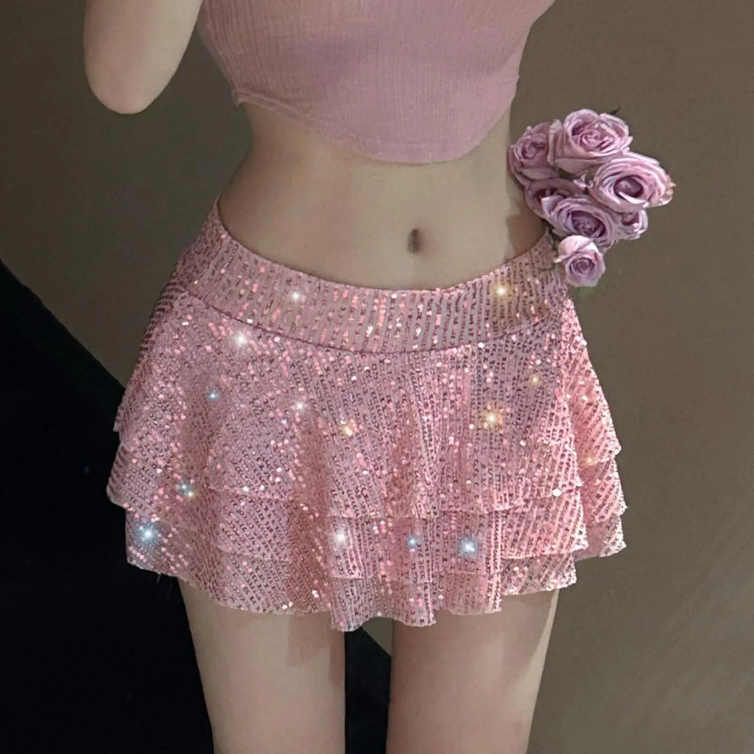 Sexy Sequins Mini Skirts for Women 3 Layered Ruffle Pleated Dance Party Mini Skirts Fashion Comfy Holiday Skirts