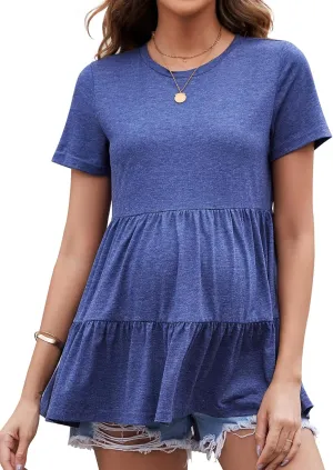 Short Sleeve Maternity Tops Flowy Tiered Pregnancy Tee Shirts with Ruffle Casual Basic Maternity Peplum Tops