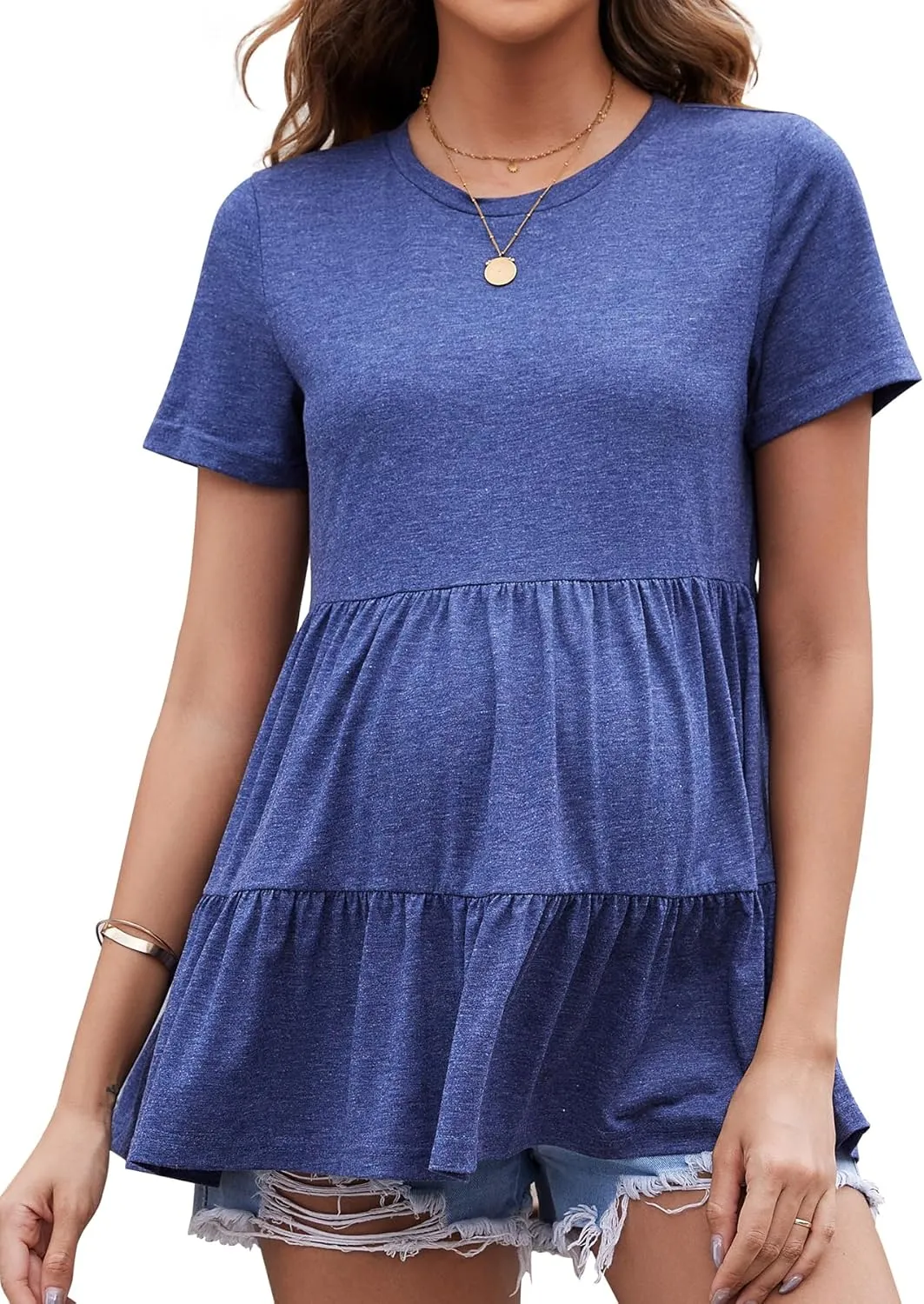 Short Sleeve Maternity Tops Flowy Tiered Pregnancy Tee Shirts with Ruffle Casual Basic Maternity Peplum Tops