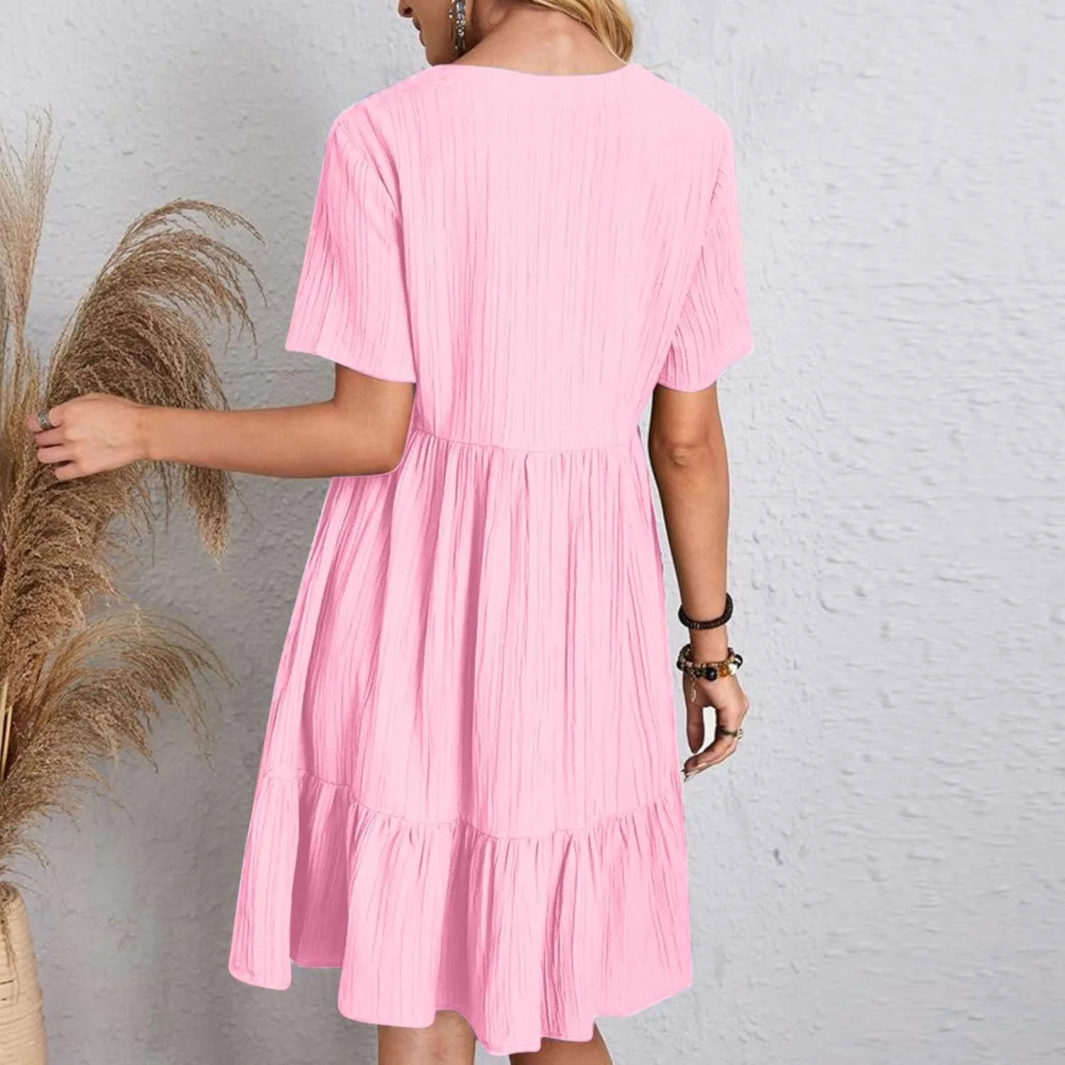 Short Sleeve Summer Dresses for Women 2025 Ruffle Hem Tunic Flowy Swing Dresses V Neck Textured Gauze Dress