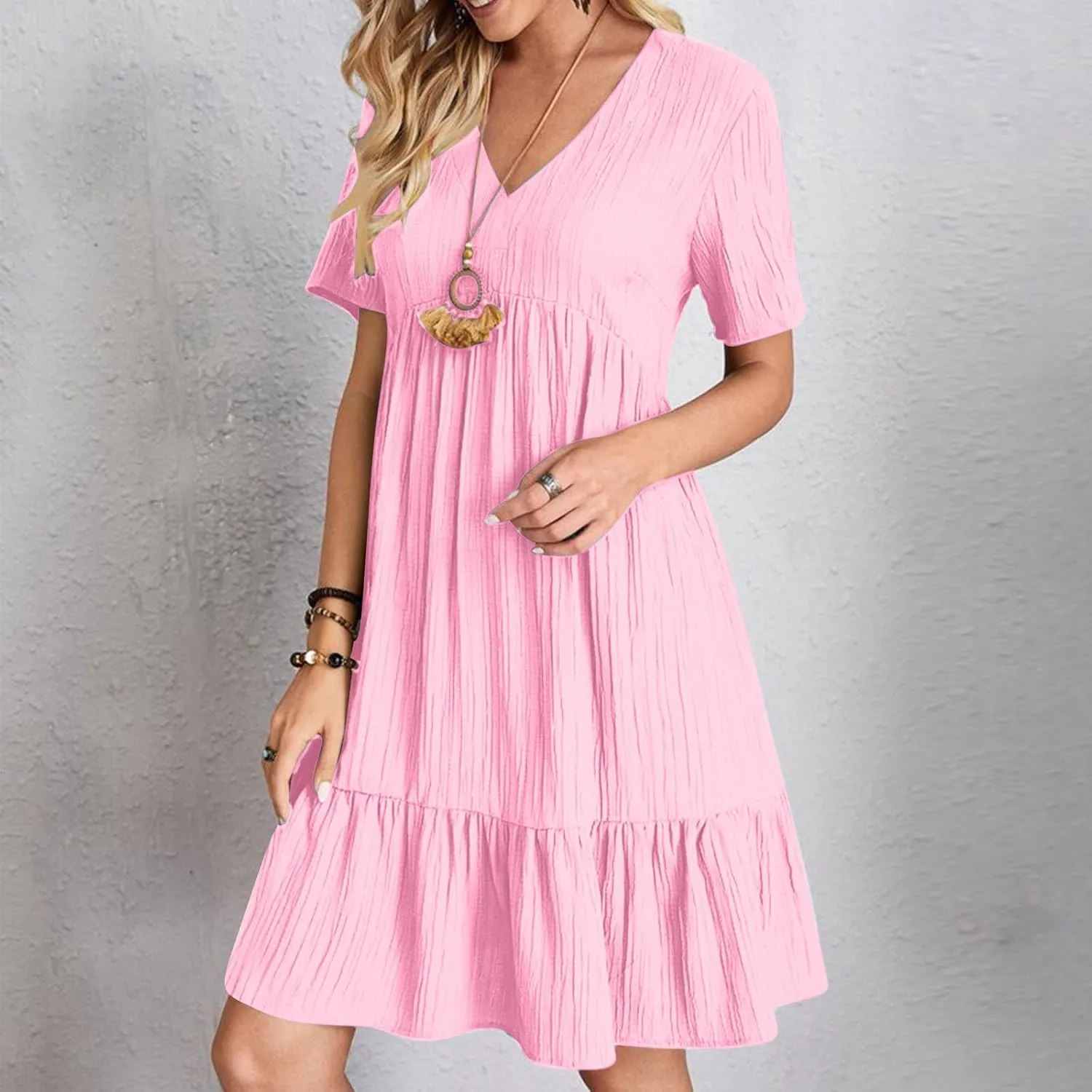 Short Sleeve Summer Dresses for Women 2025 Ruffle Hem Tunic Flowy Swing Dresses V Neck Textured Gauze Dress