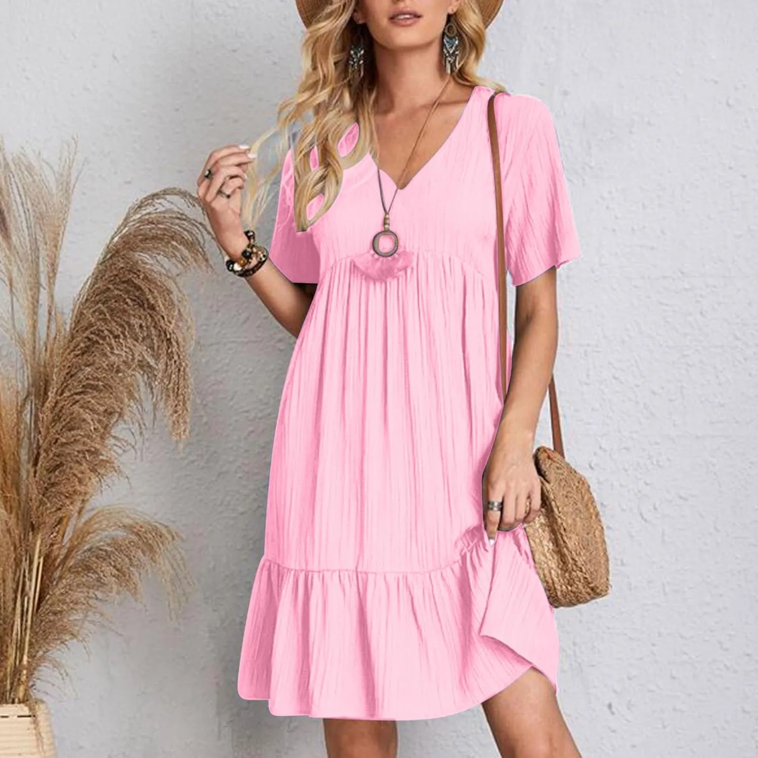 Short Sleeve Summer Dresses for Women 2025 Ruffle Hem Tunic Flowy Swing Dresses V Neck Textured Gauze Dress