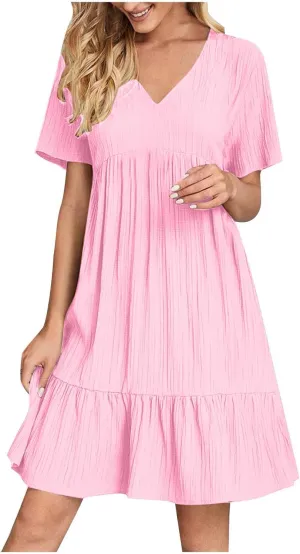 Short Sleeve Summer Dresses for Women 2025 Ruffle Hem Tunic Flowy Swing Dresses V Neck Textured Gauze Dress