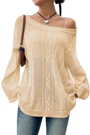 SKAYS Oversized Fall Sweaters for Women, Oversized Cable Knit Sweater Off Shoulder, Solid Color Crew Neck Sweater