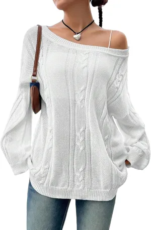 SKAYS Oversized Fall Sweaters for Women, Oversized Cable Knit Sweater Off Shoulder, Solid Color Crew Neck Sweater