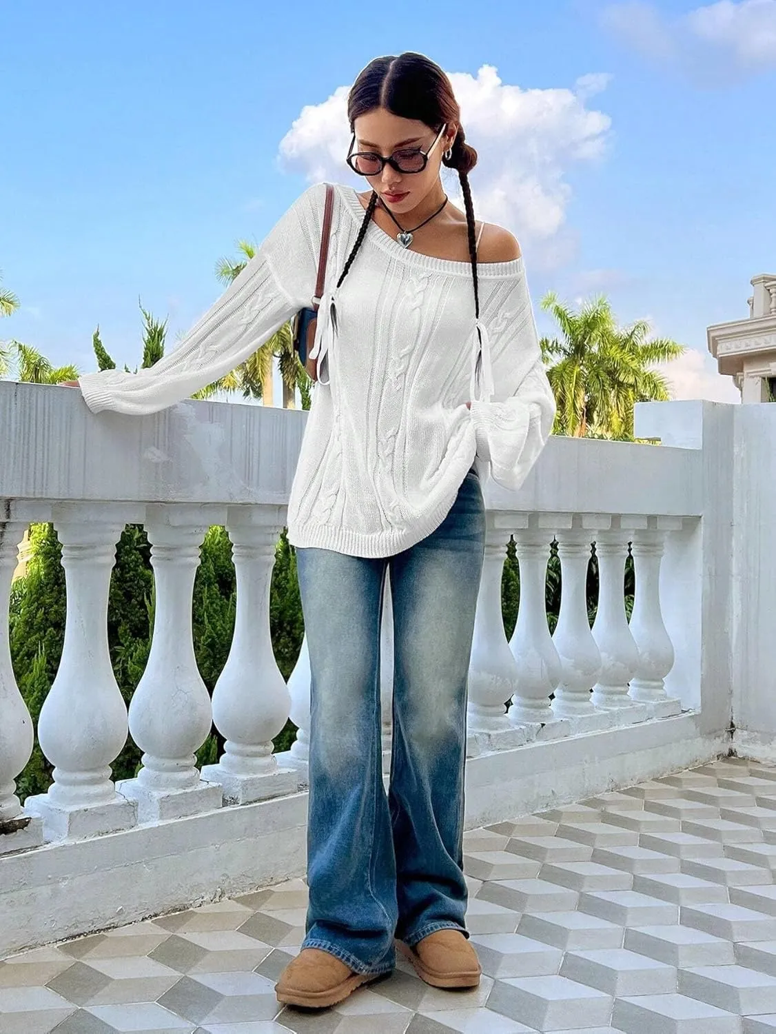 SKAYS Oversized Fall Sweaters for Women, Oversized Cable Knit Sweater Off Shoulder, Solid Color Crew Neck Sweater
