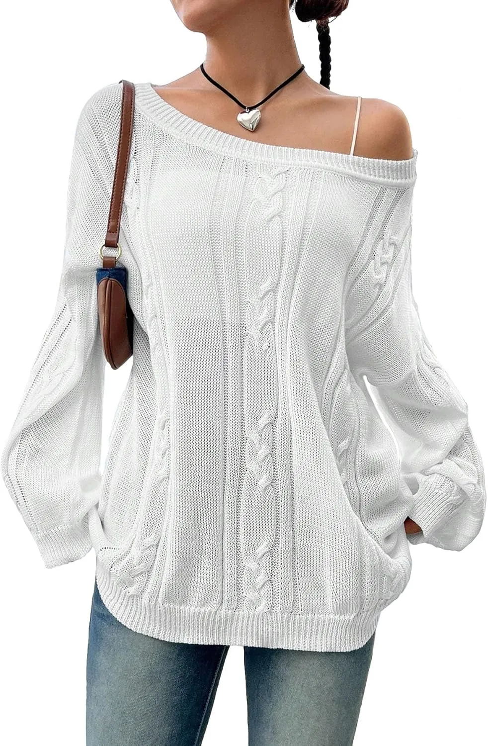 SKAYS Oversized Fall Sweaters for Women, Oversized Cable Knit Sweater Off Shoulder, Solid Color Crew Neck Sweater