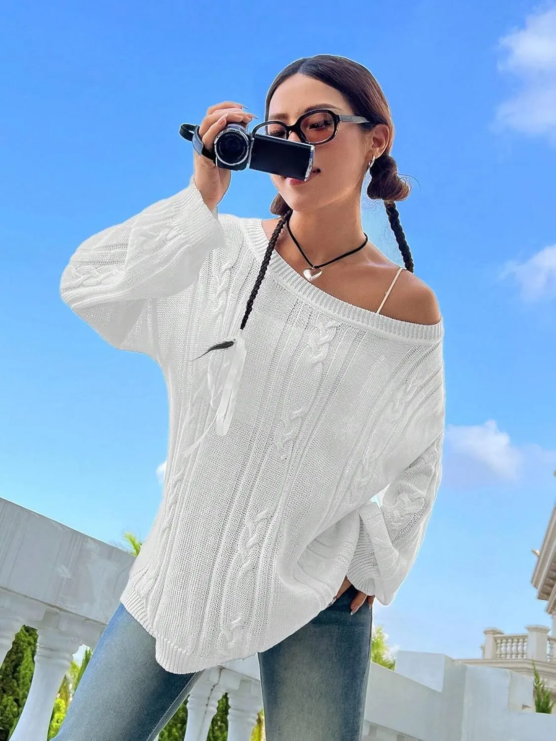 SKAYS Oversized Fall Sweaters for Women, Oversized Cable Knit Sweater Off Shoulder, Solid Color Crew Neck Sweater