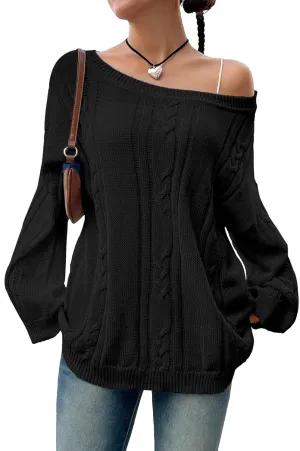SKAYS Oversized Fall Sweaters for Women, Oversized Cable Knit Sweater Off Shoulder, Solid Color Crew Neck Sweater