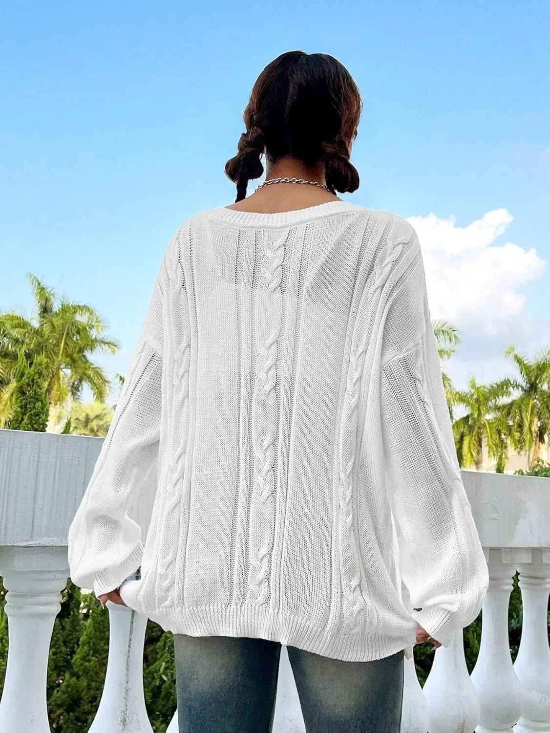 SKAYS Oversized Fall Sweaters for Women, Oversized Cable Knit Sweater Off Shoulder, Solid Color Crew Neck Sweater