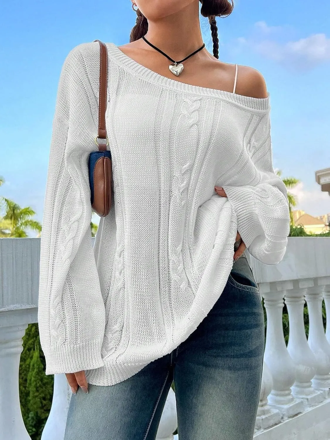 SKAYS Oversized Fall Sweaters for Women, Oversized Cable Knit Sweater Off Shoulder, Solid Color Crew Neck Sweater