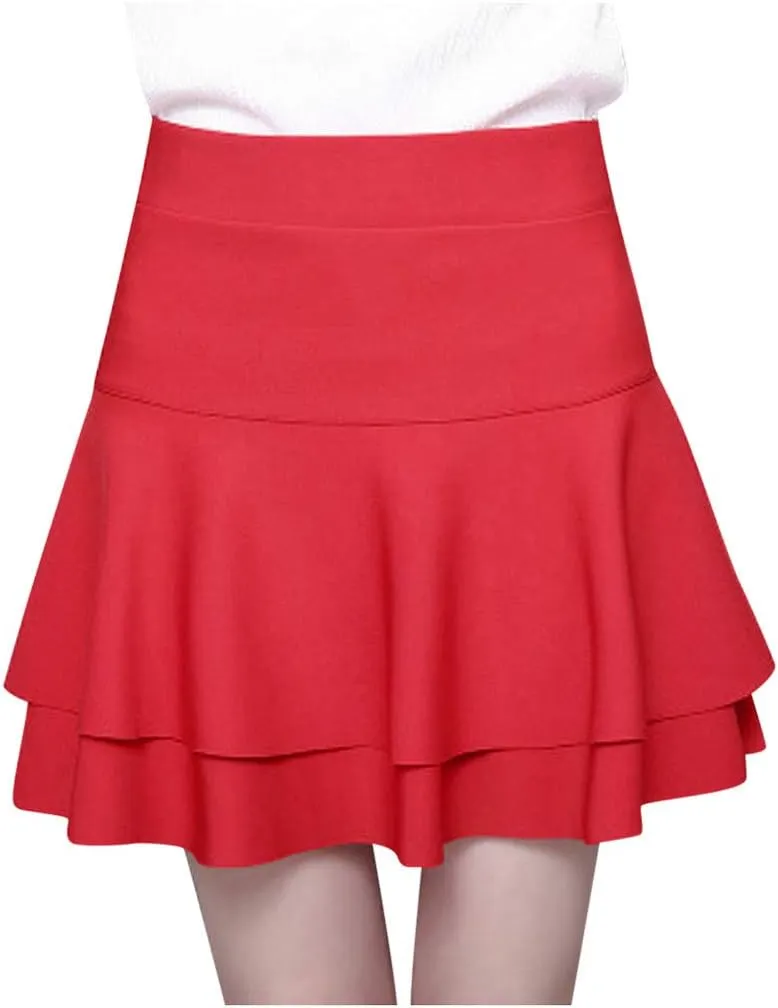 Skirts for Women Elastic High Waist Mini Skirts Ruffle Layered Pleated Skirts Solid Casual Three-Layer Base Women