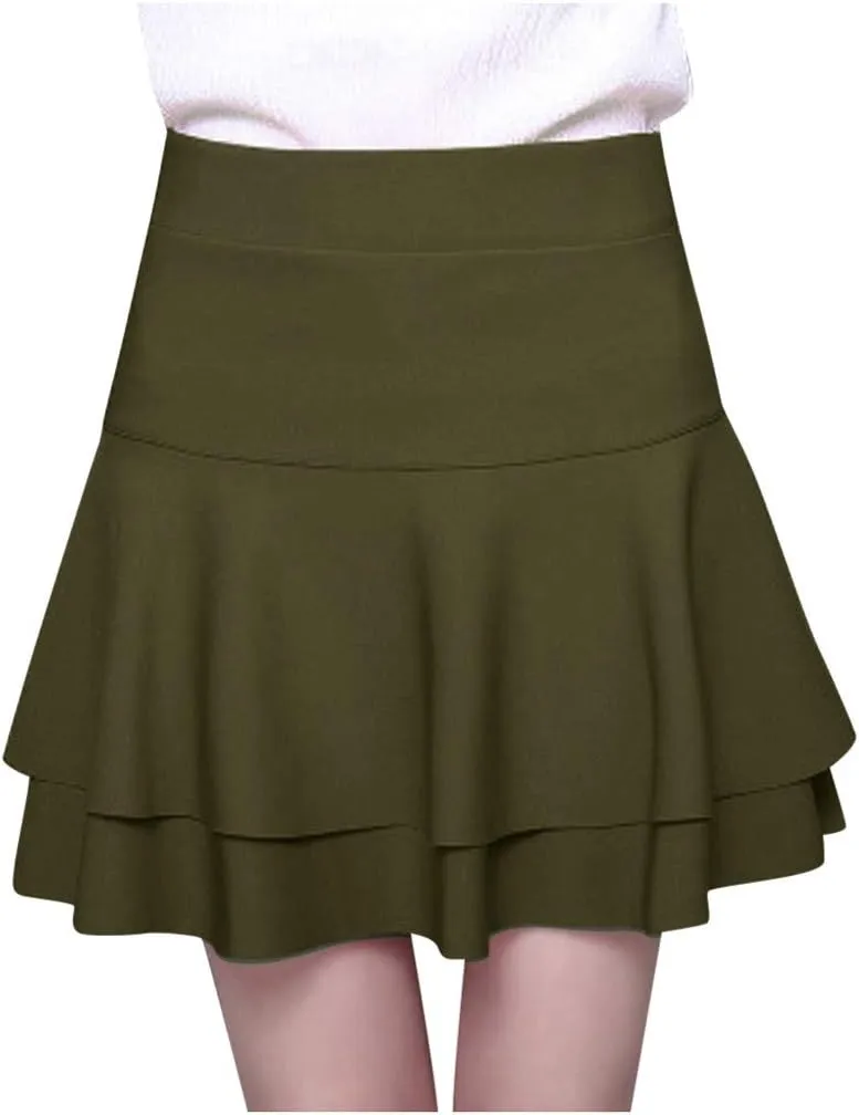 Skirts for Women Elastic High Waist Mini Skirts Ruffle Layered Pleated Skirts Solid Casual Three-Layer Base Women