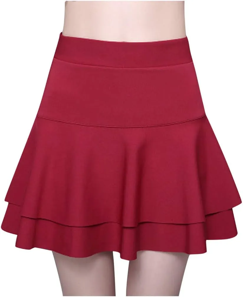 Skirts for Women Elastic High Waist Mini Skirts Ruffle Layered Pleated Skirts Solid Casual Three-Layer Base Women