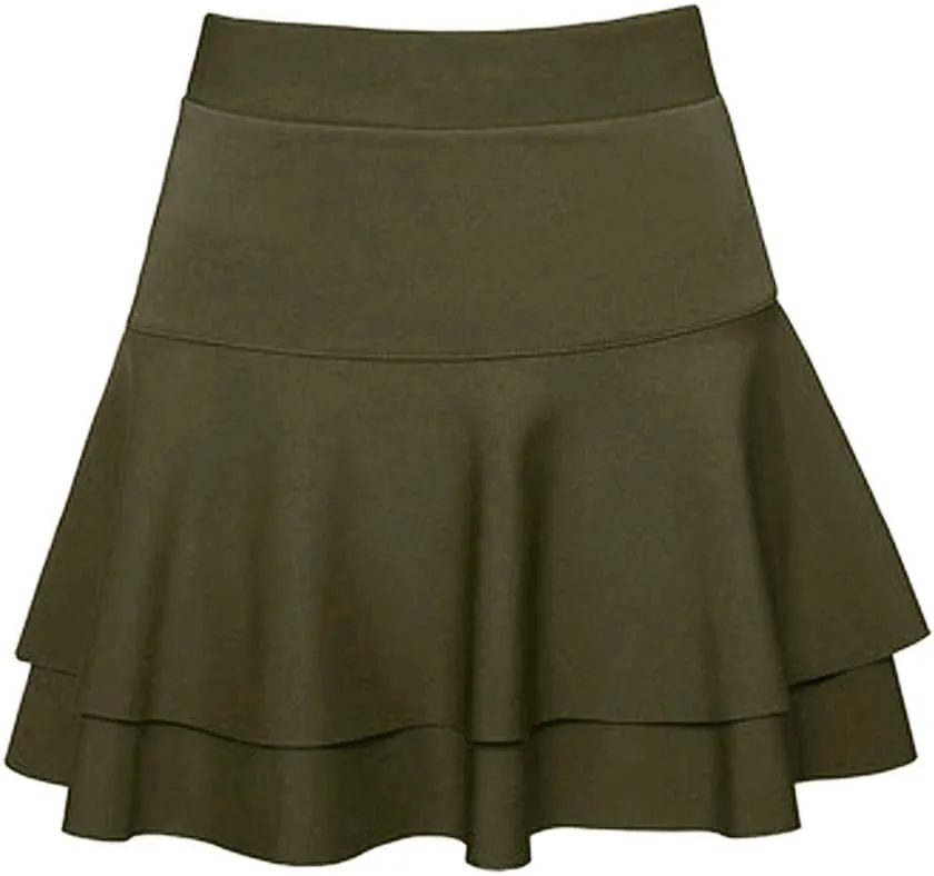 Skirts for Women Elastic High Waist Mini Skirts Ruffle Layered Pleated Skirts Solid Casual Three-Layer Base Women