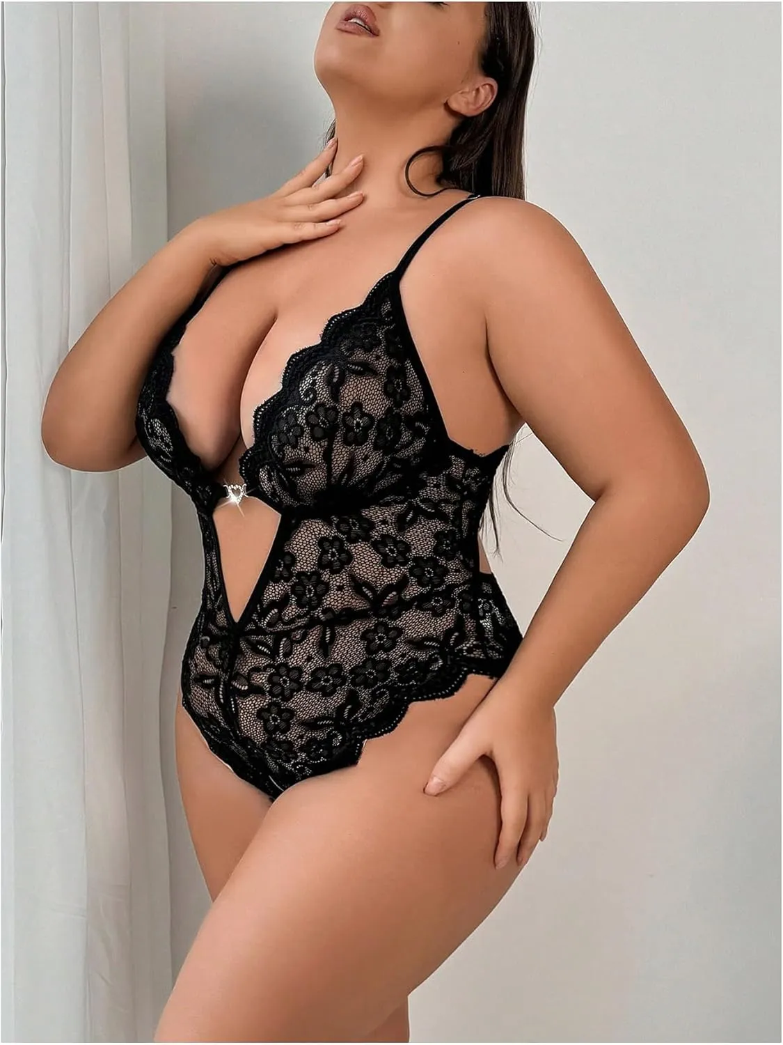 SOLY HUX Women's Plus Size Lace Bodysuit Lingerie Deep V Neck Cut Out Scallop Teddy Babydoll Sleepwear