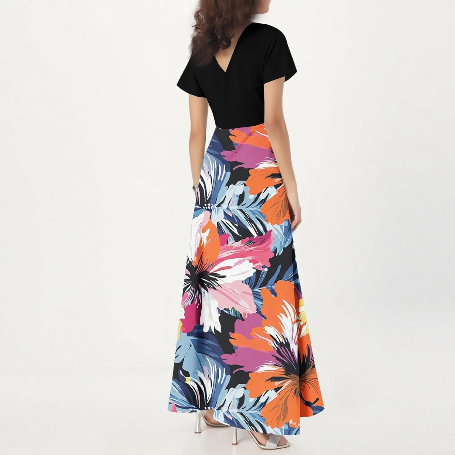Spring Dresses,Flowy Floral Maxi Dress Short Sleeve Wedding Guest Trendy Women's Casual Dresses