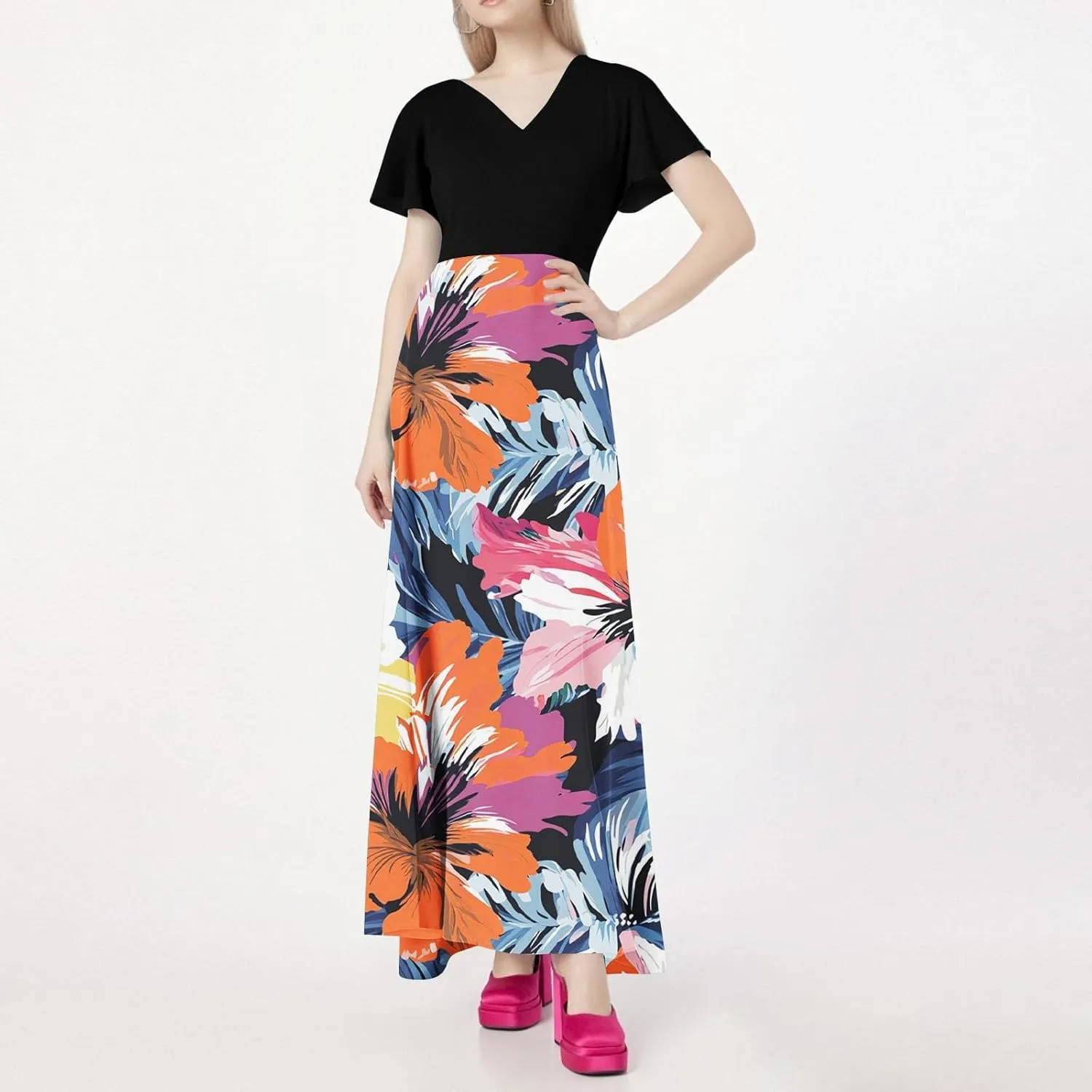 Spring Dresses,Flowy Floral Maxi Dress Short Sleeve Wedding Guest Trendy Women's Casual Dresses