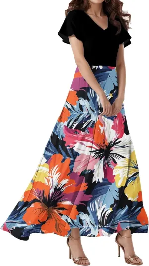 Spring Dresses,Flowy Floral Maxi Dress Short Sleeve Wedding Guest Trendy Women's Casual Dresses