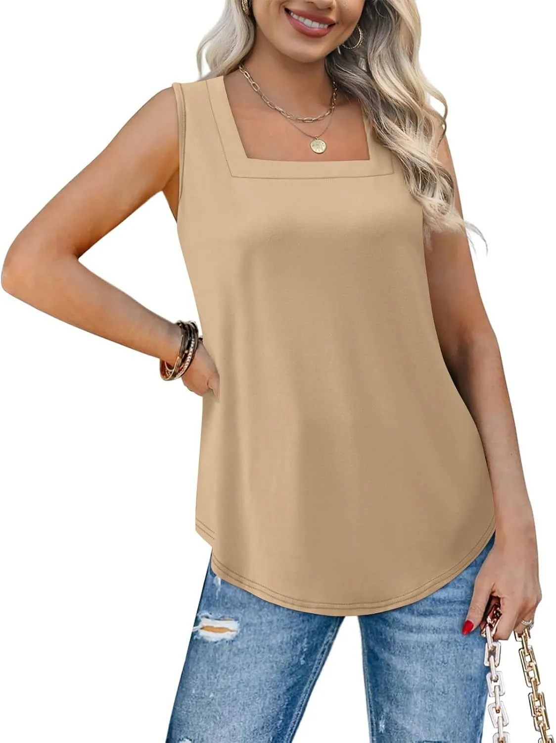 Square Neck Tank Tops for Women 2025 Summer Outfits Casual Loose Fit Sleeveless Shirts Solid Color Dressy Blouses